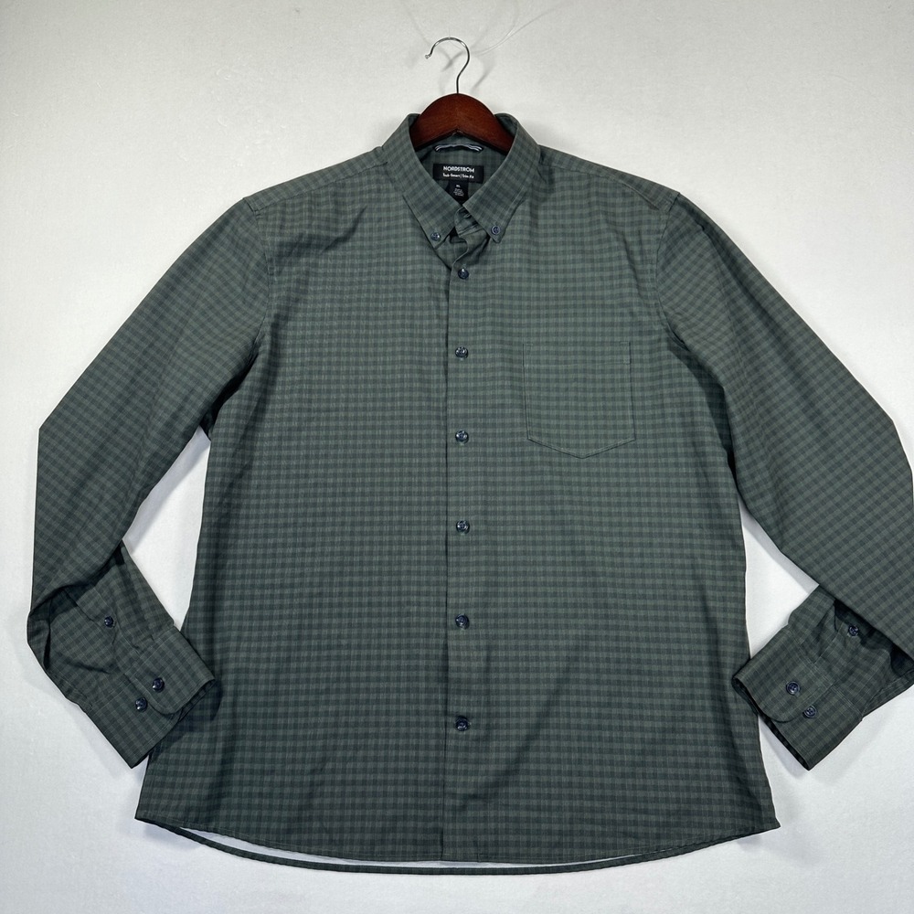 New Nordstrom Tech-Smart Button Down XL Green Plaid Trim Fit Stretch Travel